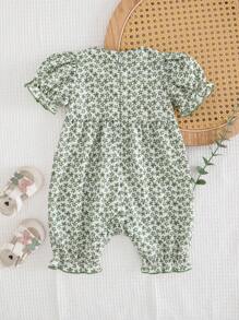 SHEIN Baby Girls' Butterfly Collar Ruffled Ditsy Floral Romper,White Summer Cute Family Matching Invisible Zipper,Comfortable Casual Rompers For Autumn - Multicolor - View 3