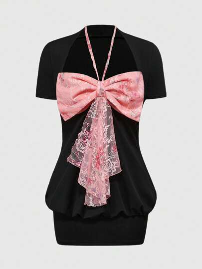 J-Fashion Y2K Lolita Lace Print Butterfly Patchwork Bodycon Short Sleeve Mini Dress For Women