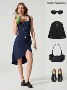 GLOWMODE Modal Chill Out Square Neck Slim Fit Midi Wrap Skirt Dress Daily Casual Wear Removable Cups - Dark Blue - View 7