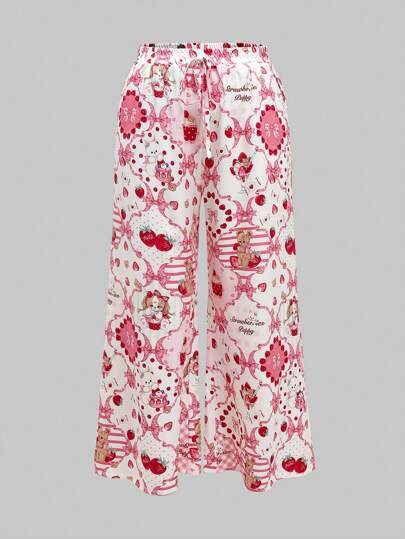 Kawaii Plus Size Women Cute Plaid Bear And Bow Print Straight Leg Pants