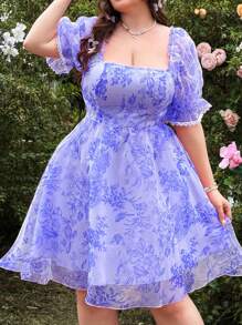 Lyrianda Plus Size Romantic Square Collar Waist Flared A-Line Dress - Multicolor - View 1