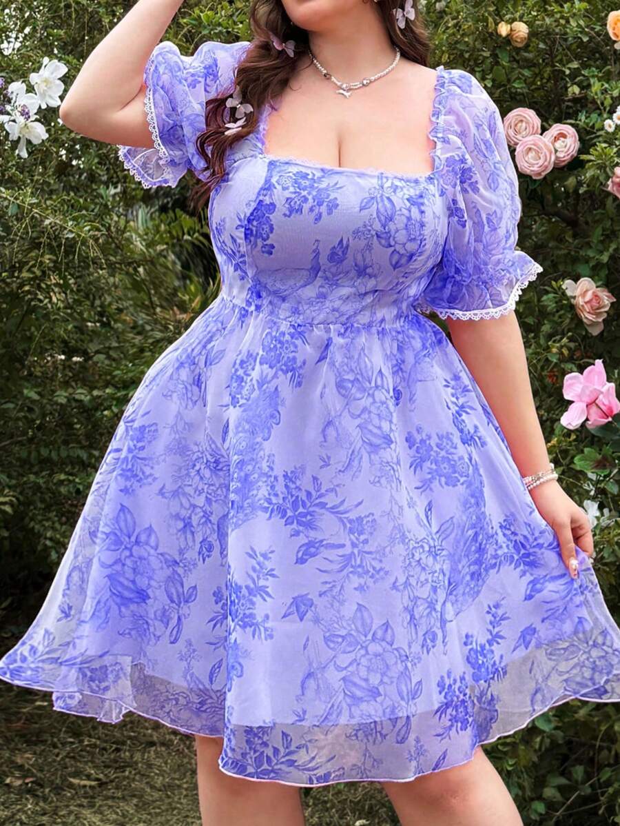 Lyrianda Plus Size Romantic Square Collar Waist Flared A-Line Dress - Multicolor - View 1