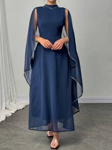Modelyn Women's Elegant Long Dress With Solid Color Mesh Cloak Design - Navy Blue - View 7
