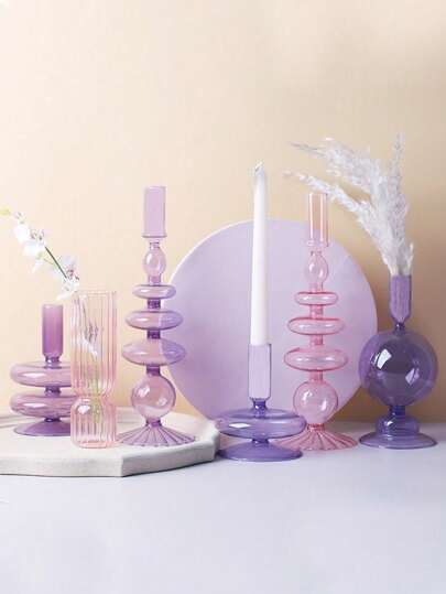 1PC Purple Pink Glass Vase, Tabletop Candlestick Candle Holder Decoration, Home Flower Arrangement, Photo Taking, Home Decoration Ornament