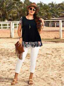 EMERY ROSE Áo sơ mi cỡ lớn in hoa phối nhiều mảnh, kiểu dáng thường ngày. - màu đen - Xem 5