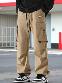 Manfinity LEGND Men's Streetwear Solid Color Elastic Waist Drawstring Straight Leg Cargo Pants - Khaki - View 3