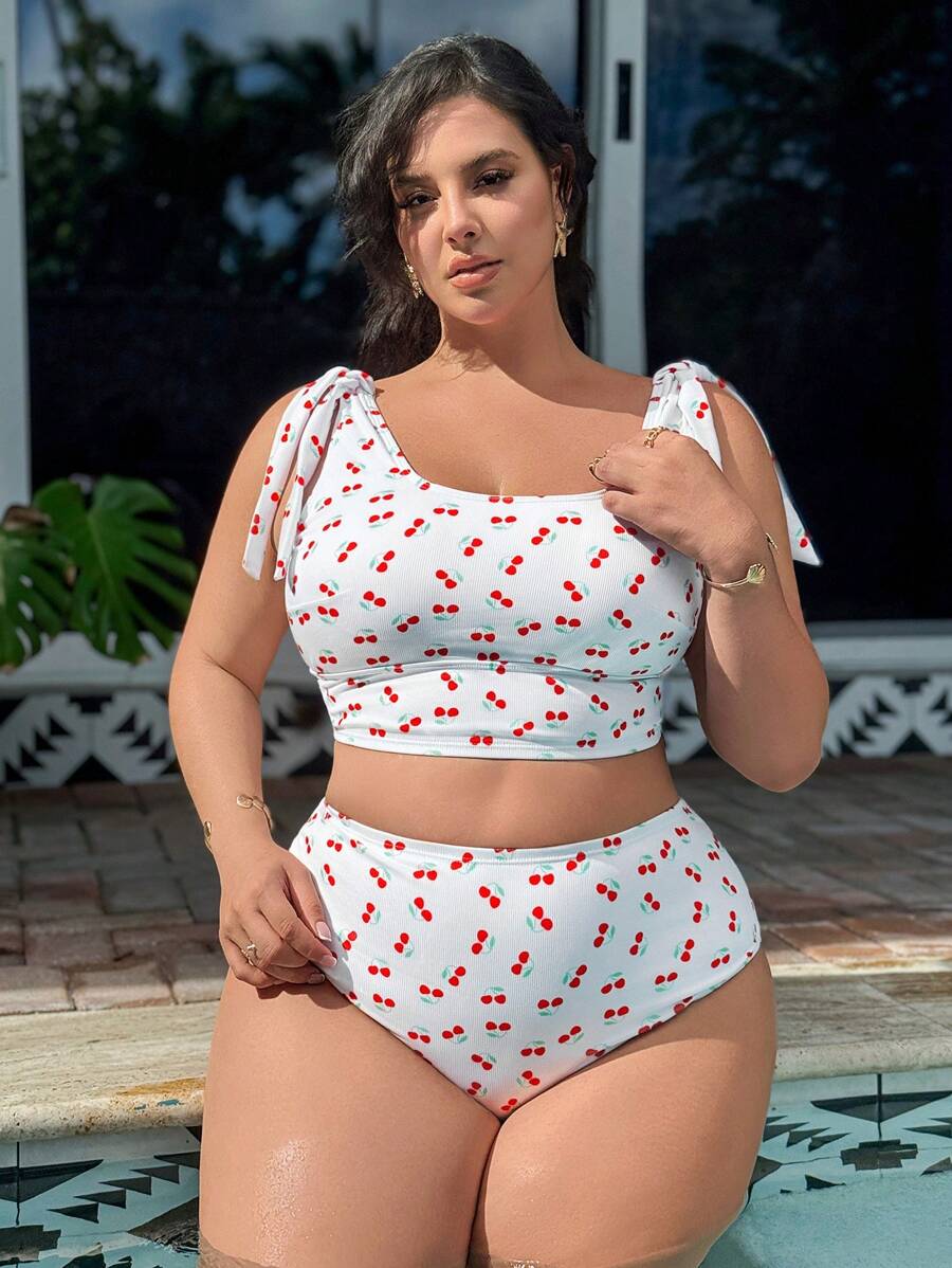 Swim Vcay Cherry Print Plus Size Backless Bikini Top, Beach/Holiday Style For Summer Beach Vacation - Multicolor - View 1
