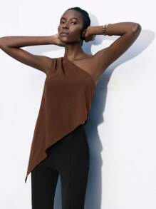 Maija Women's Casual Asymmetric Ruched Sleeveless Blouse, Brown, Suitable For Business And Leisure Wear