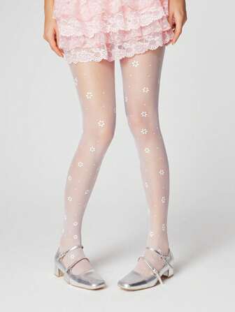 Kawaii 1 par de medias de nailon transparentes con estampado de lunares blancos y flores, para todo el año, estilo Kawaii para mujer