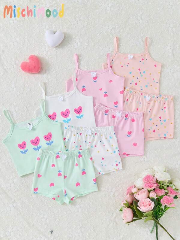 4pcs/Set Young Girl Floral Print Camisole Top And Shorts Set, Elegant And Sweet Young Girls Casual Sets Young Girls Summer Set Young Girl Short Sets