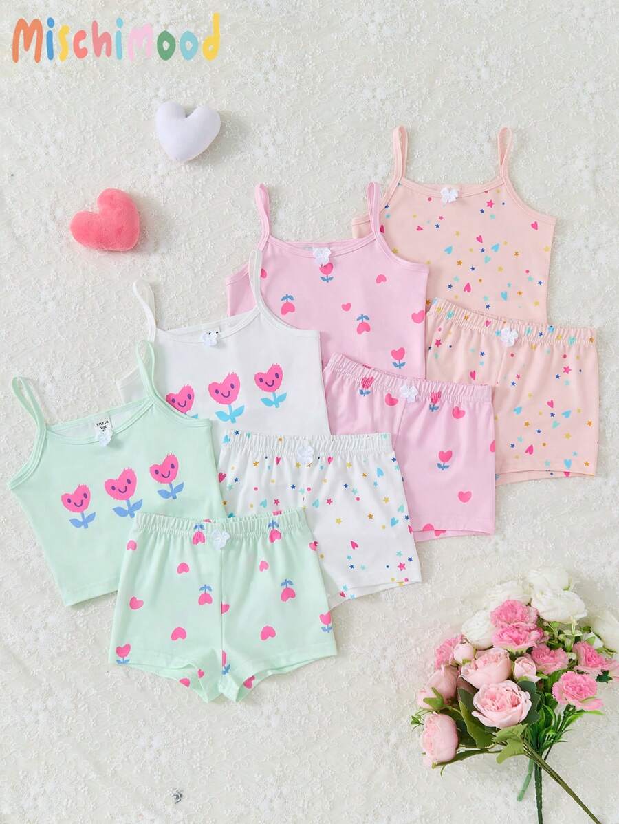 4pcs/Set Young Girl Floral Print Camisole Top And Shorts Set, Elegant And Sweet Young Girls Casual Sets Young Girls Summer Set Young Girl Short Sets