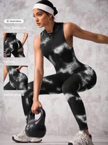 SHEIN Sports Seamless Yoga Sleeveless Jumpsuit/Stand Collar Zipper Design/Tie-Dye Design/Sports Yoga/Outdoor Running/Outdoor Cycling - Multicolor - View 1