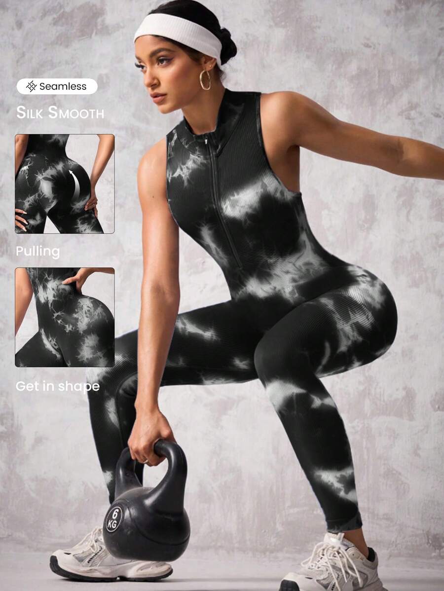 SHEIN Sports Seamless Yoga Sleeveless Jumpsuit/Stand Collar Zipper Design/Tie-Dye Design/Sports Yoga/Outdoor Running/Outdoor Cycling - Multicolor - View 1