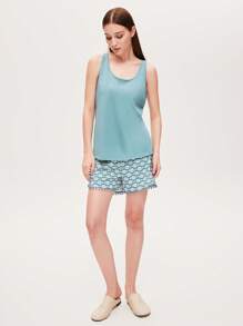 LUVLETTE Weiches Baumwoll Blau Urlaubs Quasten Saum Basis Trägerhemd & bedruckte Shorts Damen Loungewear luftiger Pyjama Set Urlaubs Lingerie als Oberbekleidung