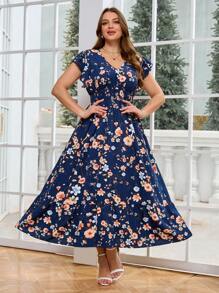SHEIN Clasi Plus Size Women's Blue Floral V-Neck Ruffle Hem Dress,Mother's Day,4th Of July, Graduation Dress,Church Outfits Women ,Summer Tops, Church Outfits Women, Ruffle,Summer Outfits For Women,Mother Day Outfit,Summer,Summer Dresses For Women,Summer Dress,Church Clothes Women,Blue Dresses For Women,Navy Blue Dress Women - Multicolor - View 7