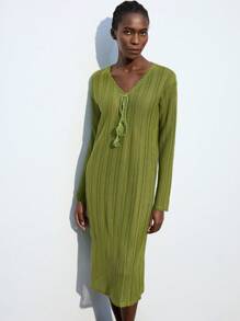 Maija Summer 2015 New Music Festival Party Graduation Holiday Beach Cruise Outfit, Vintage Bohemian Style Crochet Lace Up Long Sleeve Midi Dress For Women - Green - View 5