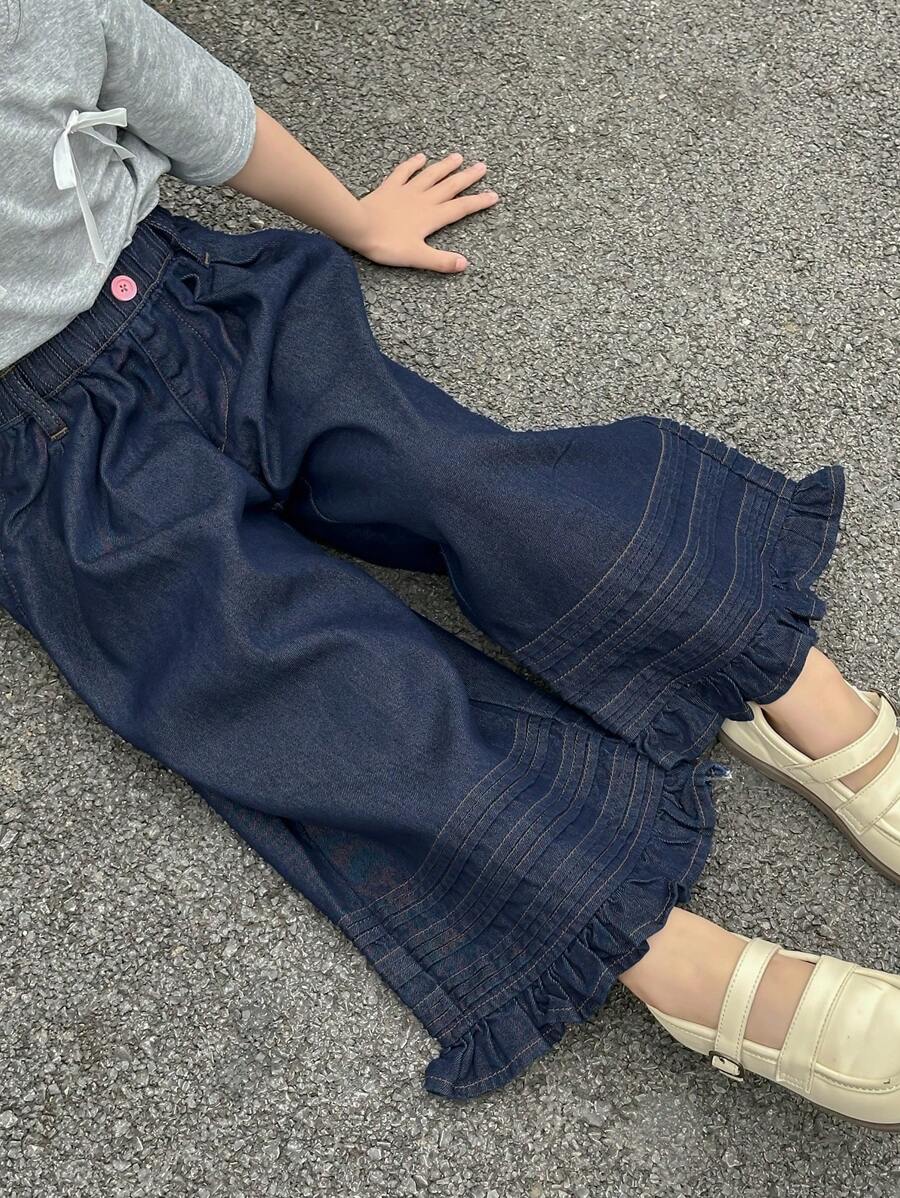 DAZY Young Girl Loose Fit Washed Pleated Wide Leg Jeans - Dark Wash - View 1