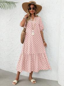 EMERY ROSE Women's Notched Neck Ruffle Hem Short Sleeve Dress Summer Dresses For Women,Sun Dresses For Women