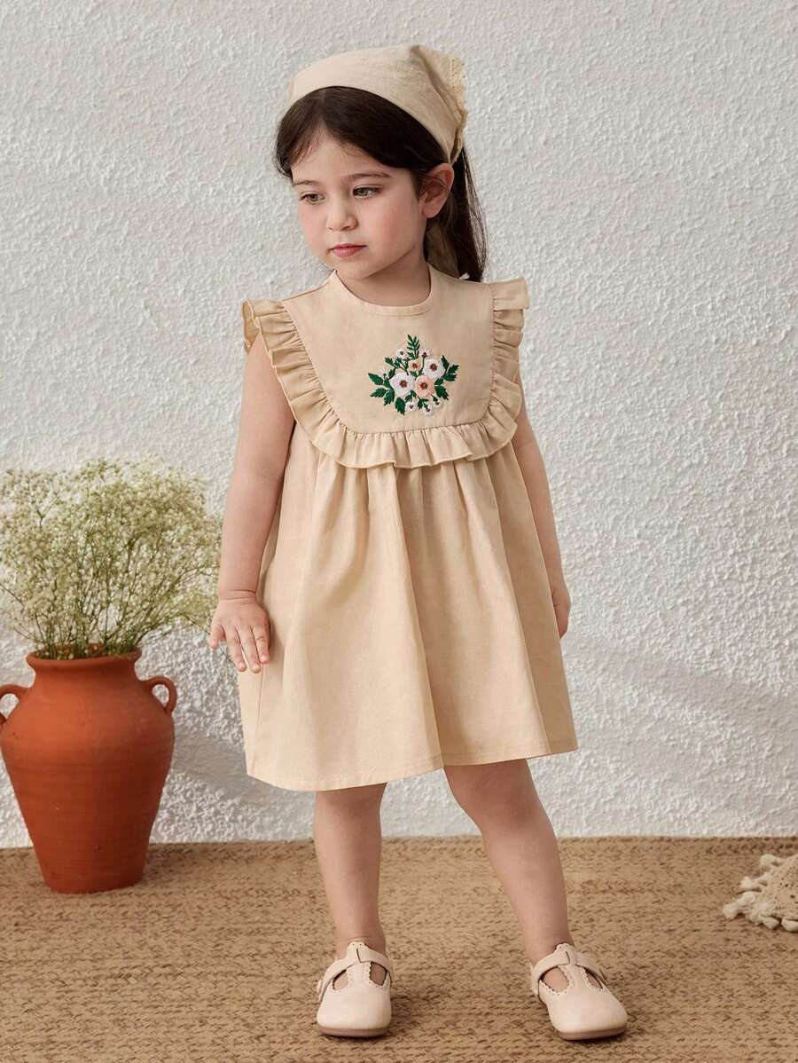 Blossori Baby Girls Country Style Beige Ruffle Trim Round Neck Sleeveless Dress - Yellow - View 1