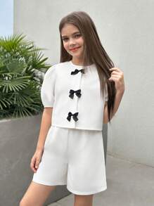 Firerie Kids Firerie Kids Conjunto de top de manga globo de cuello redondo y shorts casuales y de moda para niñas preadolescentes Nova Glow