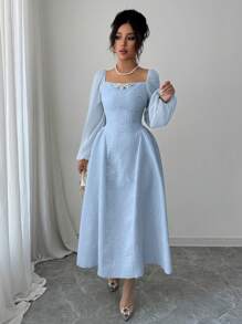 Modelyn Vestido midi para mujer con decoración de cadena y tejido jacquard mixto, color rosa - Azul - Ver 3