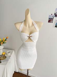 Soleia Abito mini da donna per le vacanze, in maglia bianca con texture, spalline annodate, con inserti metallici a forma di stella marina decorativa, adatto per feste, appuntamenti, spiaggia, estate, aderente e sexy