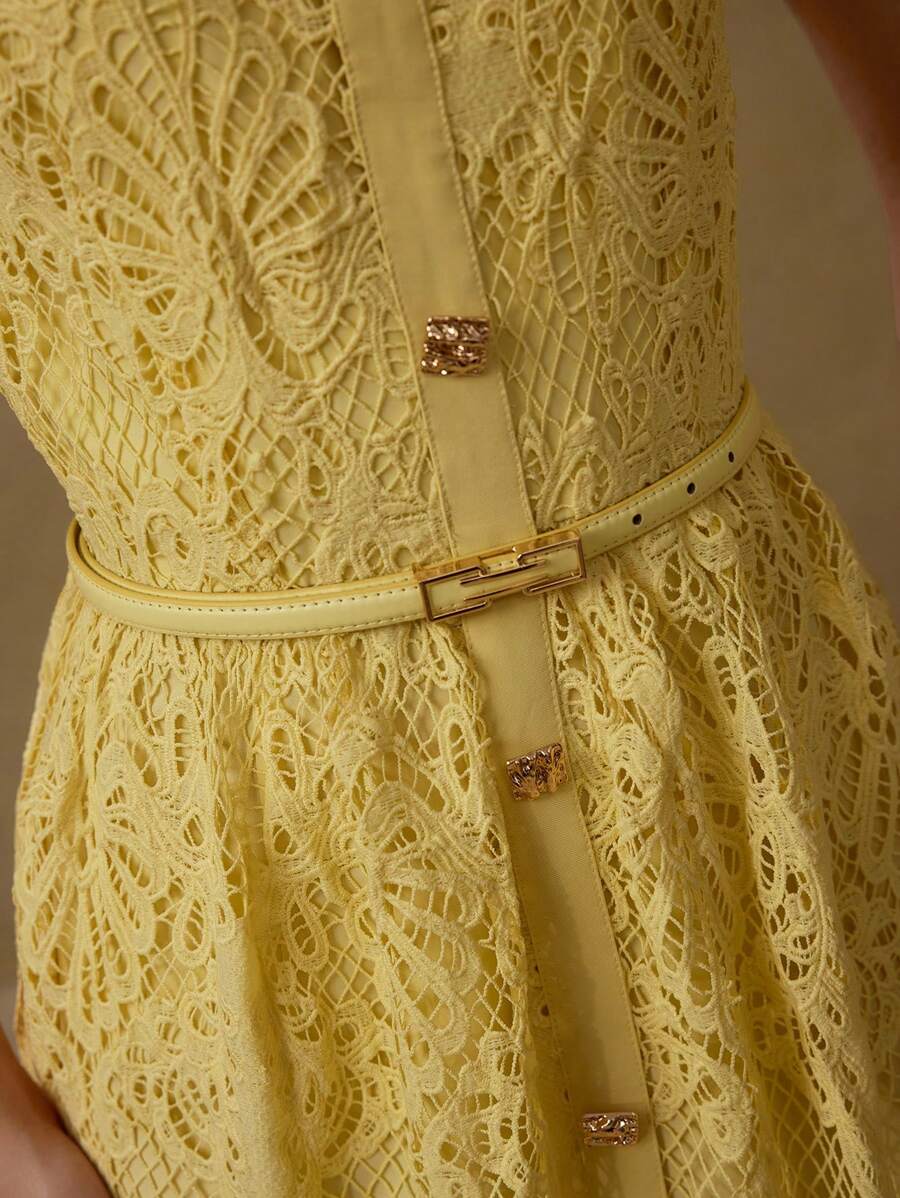MOTF PREMIUM CONTRAST GUIPURE LACE DRESS - Yellow - View 2