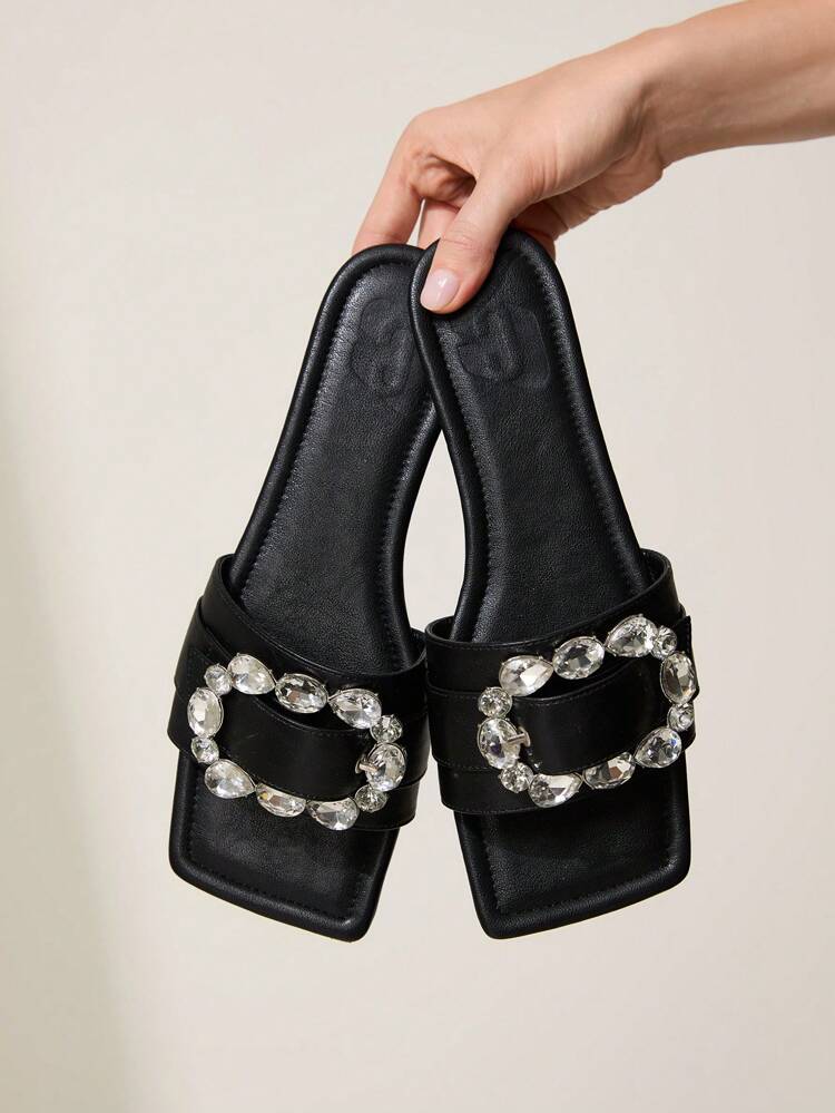 CUCCOO CHICEST Women's Summer New Arrivals Crystal Buckle Square Toe Flats, Elegant Luxury Casual Comfortable Black Faux Leather Ladies Flat Sandals For Afternoon Tea, Dates, Fashion Parties