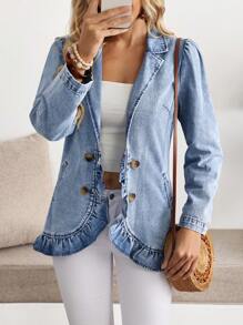 EMERY ROSE Women's Casual Denim Jacket With Ruffle Hem And Long Sleeves - Blue - View 2