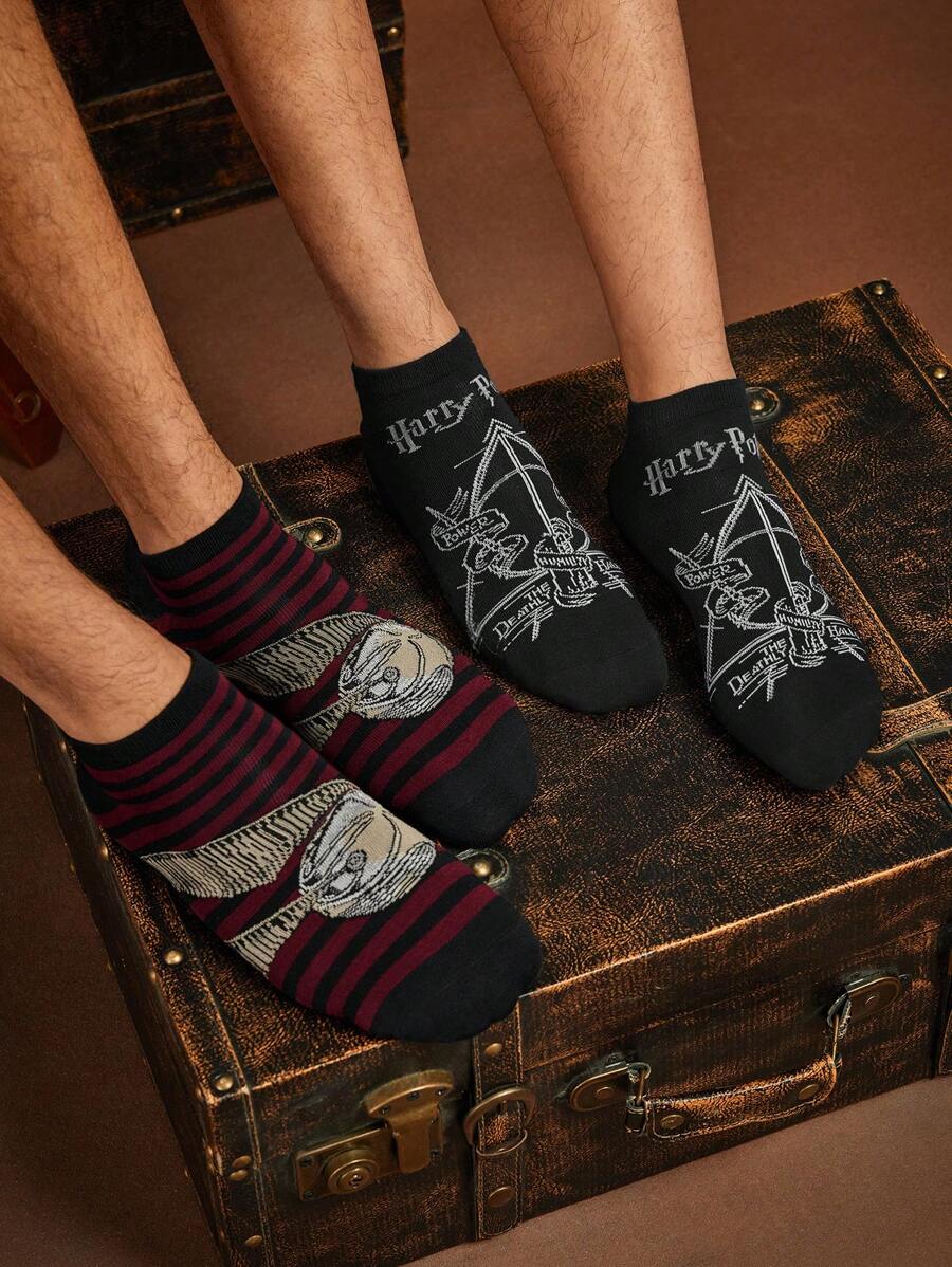 HARRY POTTER X SHEIN 2 Pairs Deathly Hallows, Golden Snitch Designs Breathable Soft Short Socks, Reinforced Toe & Heel, Unisex, Men,Women,All Seasons - Multicolor - View 1
