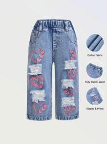 Denimly Baby/Baby Girl Versatile Comfortable Casual Loose Butterfly Printed Ripped Distressed Fashion Straight Leg Jeans, Lightweight, Spring/Autumn - Medium Wash - View 8