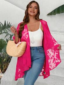 EMERY ROSE 大码女式花卉提花网眼 3/4 袖前开优雅度假夏季波西米亚风大衣秋冬 - 玫紅色 - 查看 3