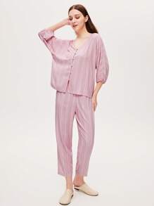 LUVLETTE Soft Rayon Basic Pink Striped Patterned Bat-Shaped Short Sleeves Button-Up Top & Pants Women Loungewear Airy Pajama Set Pants With Pockets Lingerie Bridal Intimates, Fall Clothes - Pink - View 9