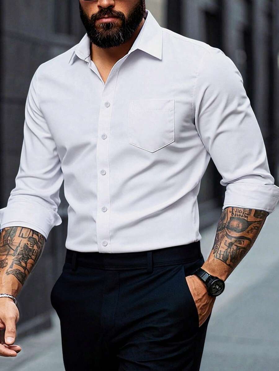 Manfinity Mode Men Plus Size Solid Color Single-Breasted Business Casual Long Sleeve Shirt, Fall