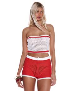 MUSERA Cute Crochet Knit Contrast Stripe Bandeau Top For Spring Summer Vacation Beach, Holiday Sailored By The Sea - Red and White - View 1
