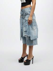 SUMWON WOMEN Shorts vaqueros culotte de pierna ancha con efecto desgastado, doble cintura, bordes deshilachados, diseño de declaración de moda verano festival, estilo de moda Y2K y estilo de calle oversize