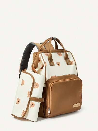 Cozy Pixies Khaki Bear Mother Bag, Convenient To Carry Outdoors, Large Capacity With Insulation Layer, Can Store Bottles, Multifunctional Diaper Bag