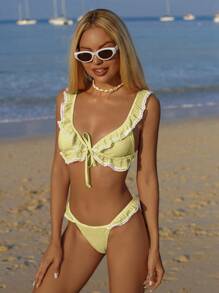 Swim Mod Women's Vacation Beach Stitching Ruffled Swimsuit Set - Yellow - View 3