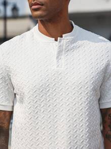 Manfinity Homme Men's Summer Casual Solid Color Textured Short Sleeve Polo Shirt - White - View 3