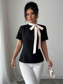 Elenzga Blusa sólida elegante de dama con decoración de lazo de satén, cuello redondo, mangas cortas, cintura con cordones y espalda con hebilla para mujer elegante, de moda, ideal para vacaciones y uso diario