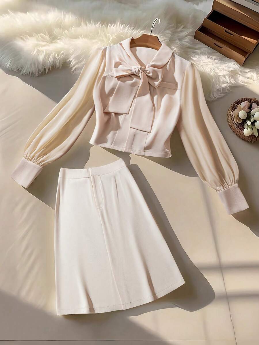 Chiquease 2 Pieces French Elegant Woven Bowknot Blouse And Mid-Length Skirt Set, Summer Fall Cloth For Women - Apricot - View 1
