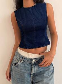 SHEIN ICON Women's Dark Wash Denim Sleeveless Round Neck Backless Tie-Back Crop Top - Dark Wash - View 3