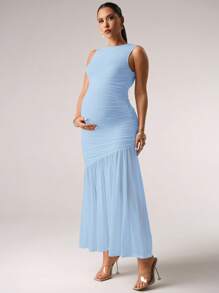 MaterniChic Maternity Elegant Solid Color Ruched Sleeveless Dress Baby Shower Classy Outfits Fairycore