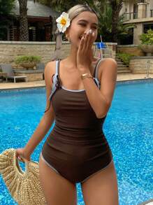 Livesso Women's Contrast Tie Front One-Piece Sexy Swimsuit