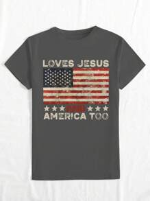 女士夏季圆领国旗和英文图案T恤，休闲简约，适合日常穿着 - 灰色 - 查看 3