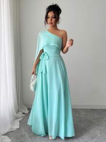 Elenzga Vestido de graduación elegante verde menta con capa asimétrica, corte evasé, cintura ceñida, romántico para mujeres