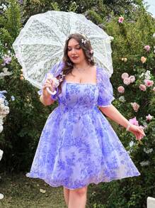 Lyrianda Plus Size Romantic Square Collar Waist Flared A-Line Dress - Multicolor - View 4