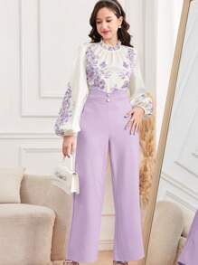 SHEIN Leap Crew 2pcs/Set Teen Girls Pattern Purple & White Floral Ruffle Sleeve Shirt With Faux Pearl Button & Pants - Purple - View 3