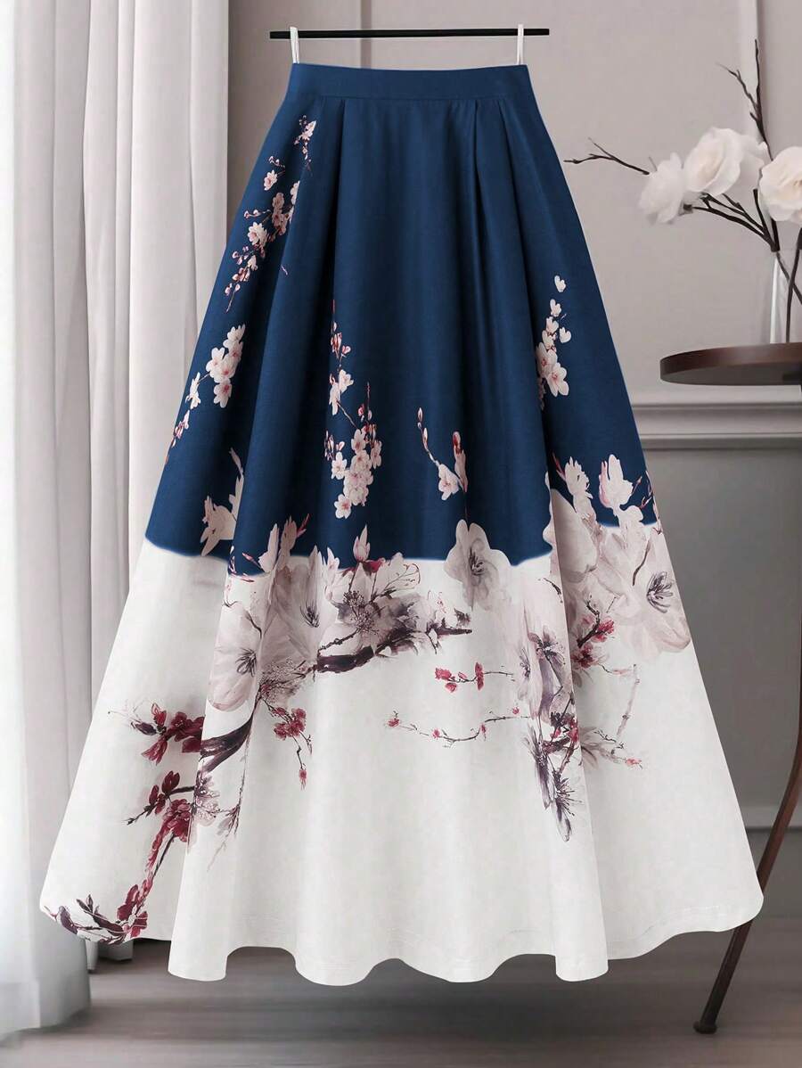 SHEIN Clasi Plus Size Women National Style Contrast Color Ditsy Floral Long A-Line Skirt - Blue - View 1