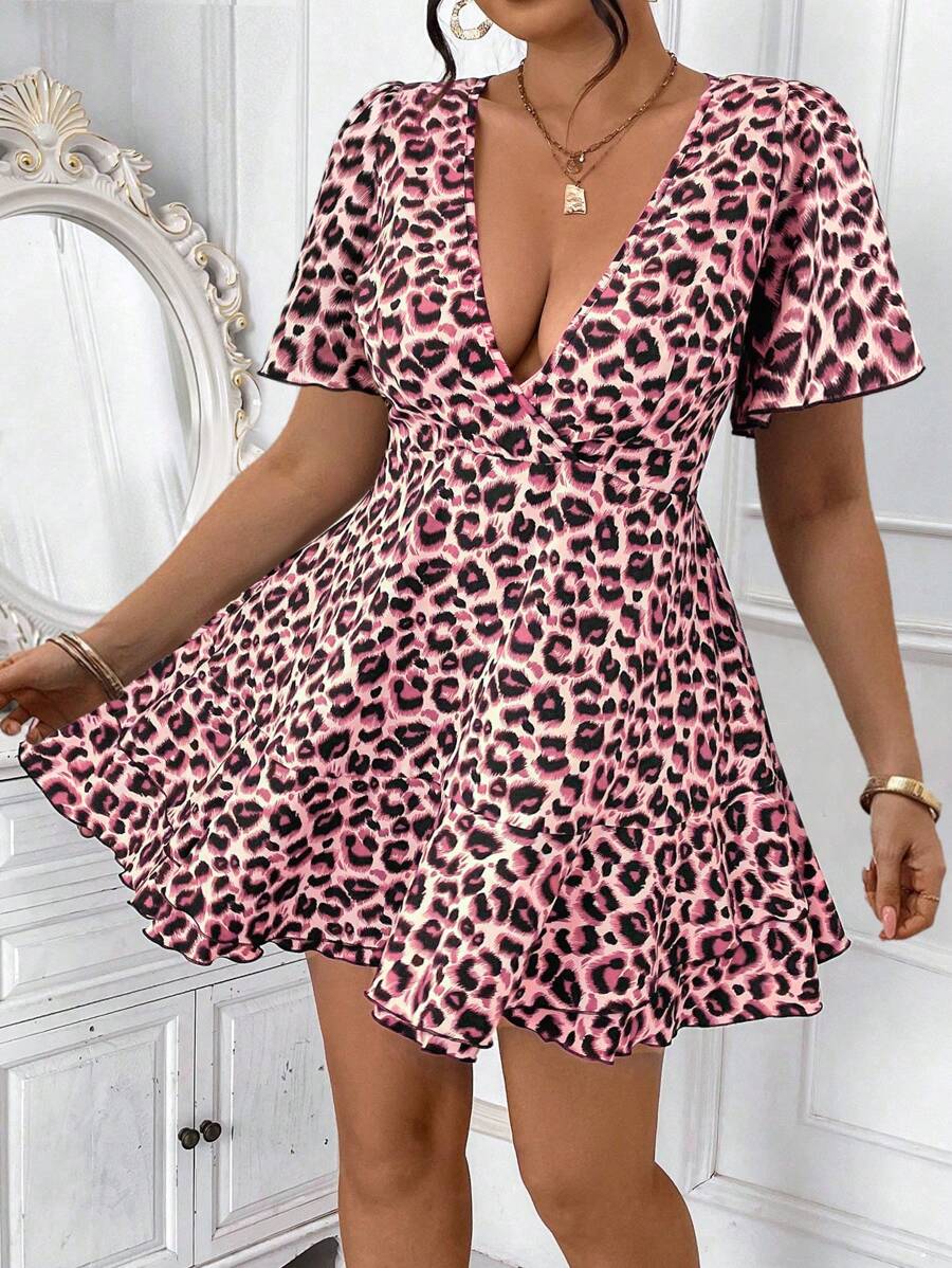 Celure Plus Size Women Deep V Neck Ruffle Short Sleeve Leopard Print Sexy Dress - Pink - View 1